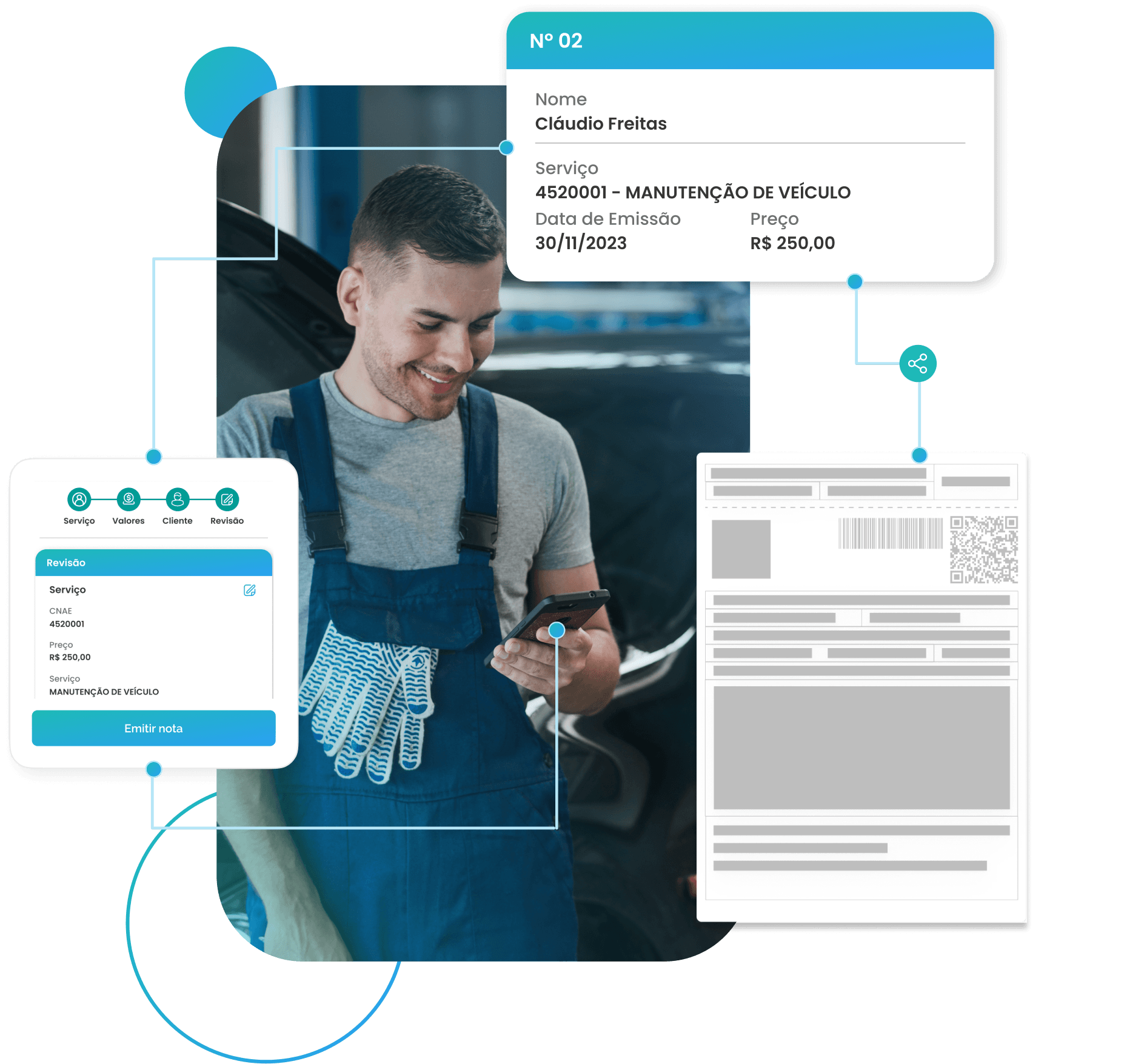 Mecânico MEI facilmente emitindo nota de serviço pelo celular.